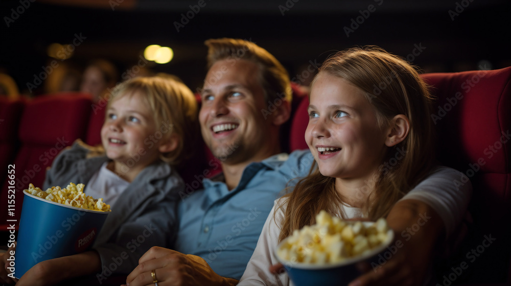 Obraz premium Father with children in cinema. 