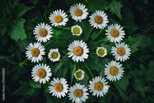 A mandalalike arrangement of numerous white daisies with yellow centers, encircled by lush green foliage. The image presents a symmetrical and visually appealing pattern. photo