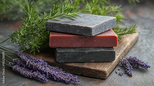 Natural handmade soaps stacked on rustic wooden board with lavender and herbs. photo