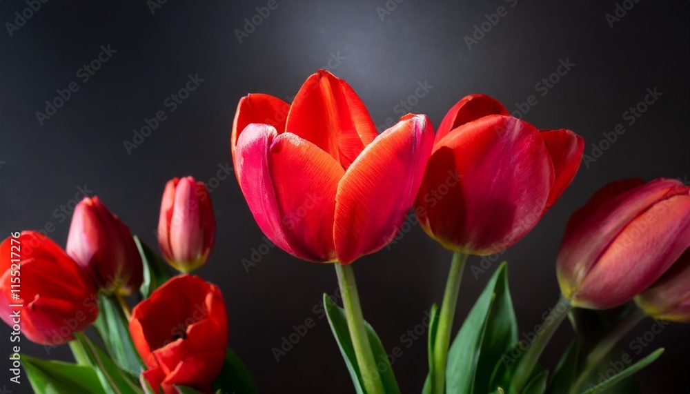 Contrasting bright red tulips against a dark background