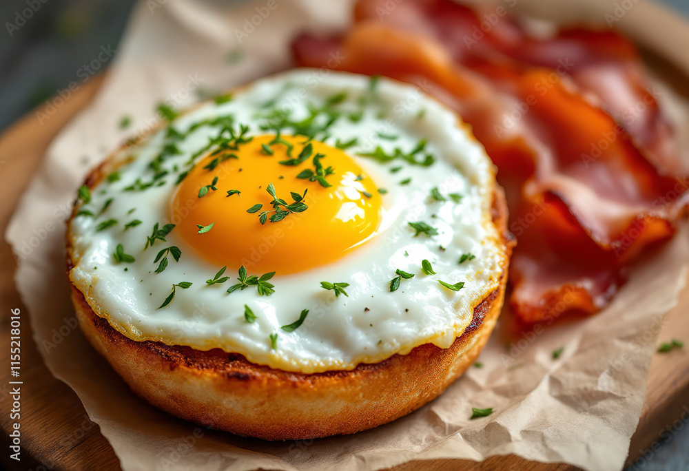 a bun topped with a sunny-side-up egg, garnished with green herbs and accompanied by a sliced bacon ham a bun topped with a sunny-side-up egg, garnished with green herbs and accompanied by a sliced bacon ham