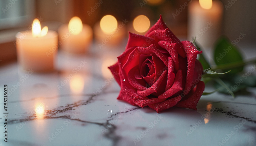 Fototapeta premium Romantic Red Rose for Valentine's Day with Candlelight