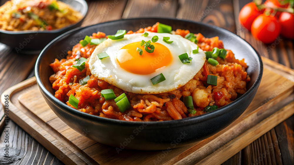 Korean kimchi fried rice with a fried egg on top. Korean kimchi fried rice with a fried egg on top.