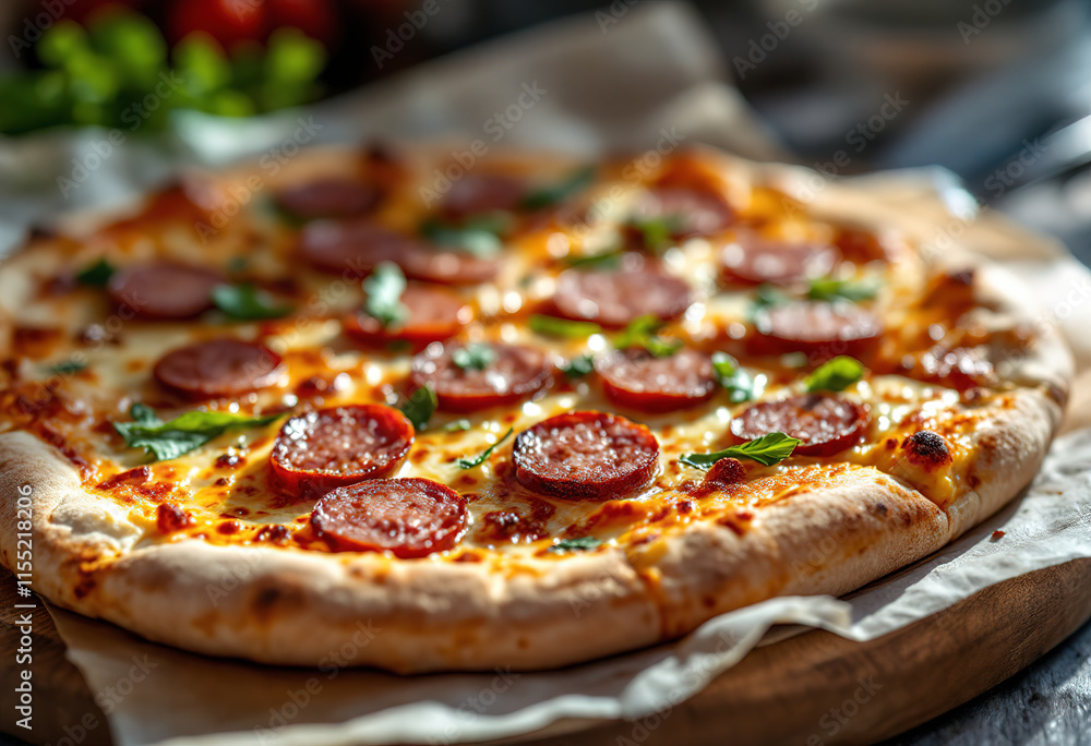 a crispy pizza with sliced sausages a crispy pizza with sliced sausages
