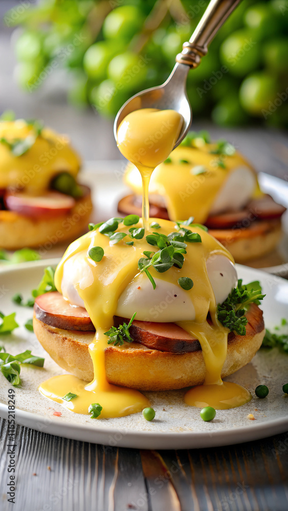 Eggs Benedict With Drizzling Hollandaise Sauce Eggs Benedict With Drizzling Hollandaise Sauce
