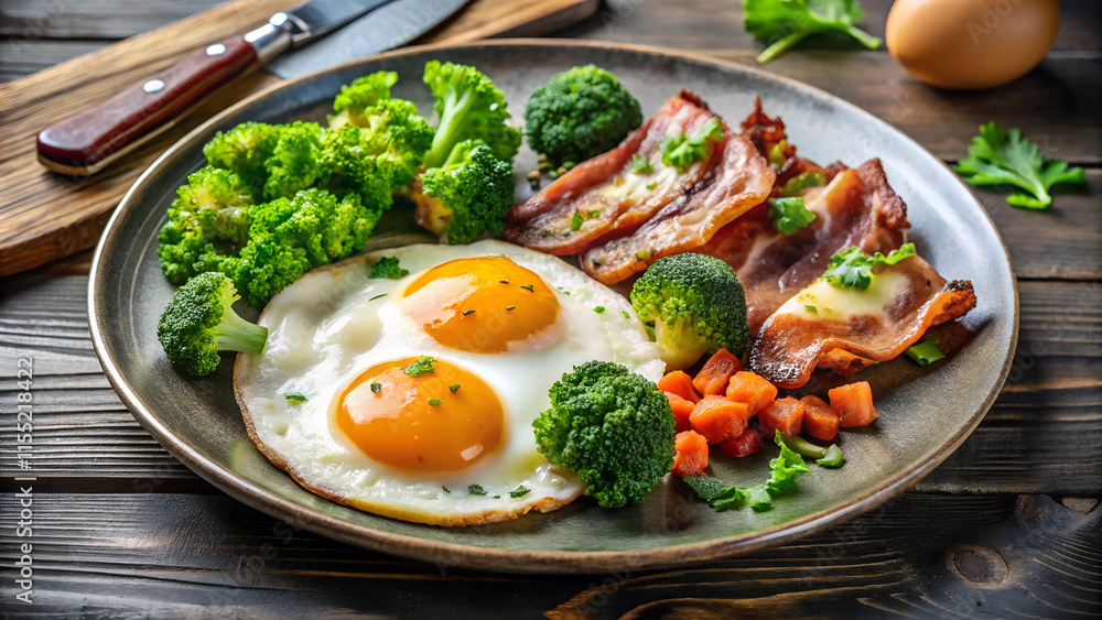 A plate of bacon, eggs, and broccoli on a table A plate of bacon, eggs, and broccoli on a table