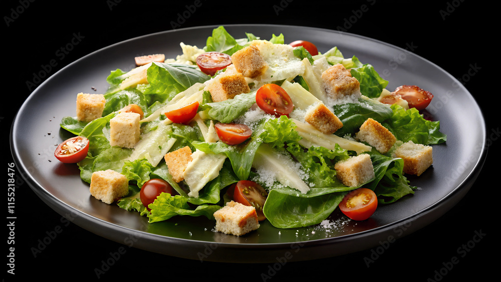 Black isolated plate with creative Caesar salad Black isolated plate with creative Caesar salad