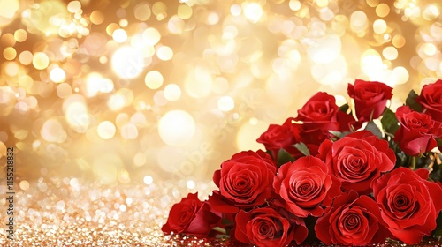 Fototapeta Naklejka Na Ścianę i Meble -  Romantic Red Roses on Glittering Gold Background for Celebrations