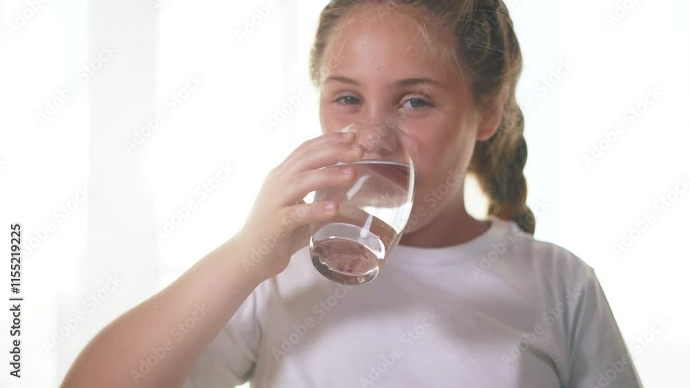 Child drinks water from glass cup on table in the kitchen. small concept of a healthy lifestyle. a girl drinks water in a glass. the girl drinks water and holds a glass lifestyle cup. Child drinks water from glass cup on table in the kitchen. small concept of a healthy lifestyle. a girl drinks water in a glass. the girl drinks water and holds a glass lifestyle cup.