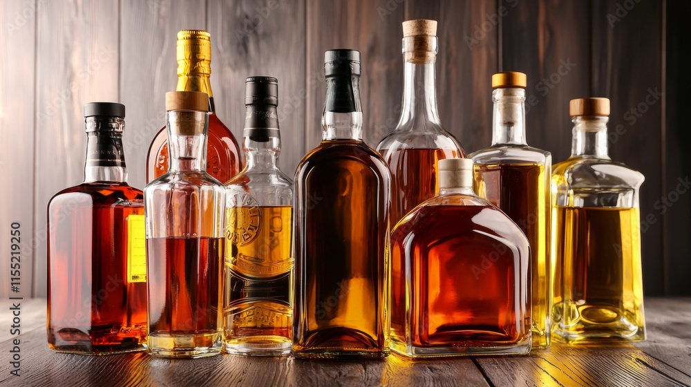 Assortment of various whiskey bottles displayed against a wooden backdrop in warm lighting Assortment of various whiskey bottles displayed against a wooden backdrop in warm lighting