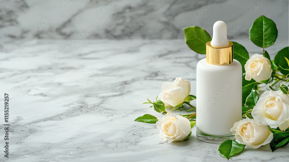 Elegant White Serum Bottle Surrounded by Fresh White Roses Elegant White Serum Bottle Surrounded by Fresh White Roses
