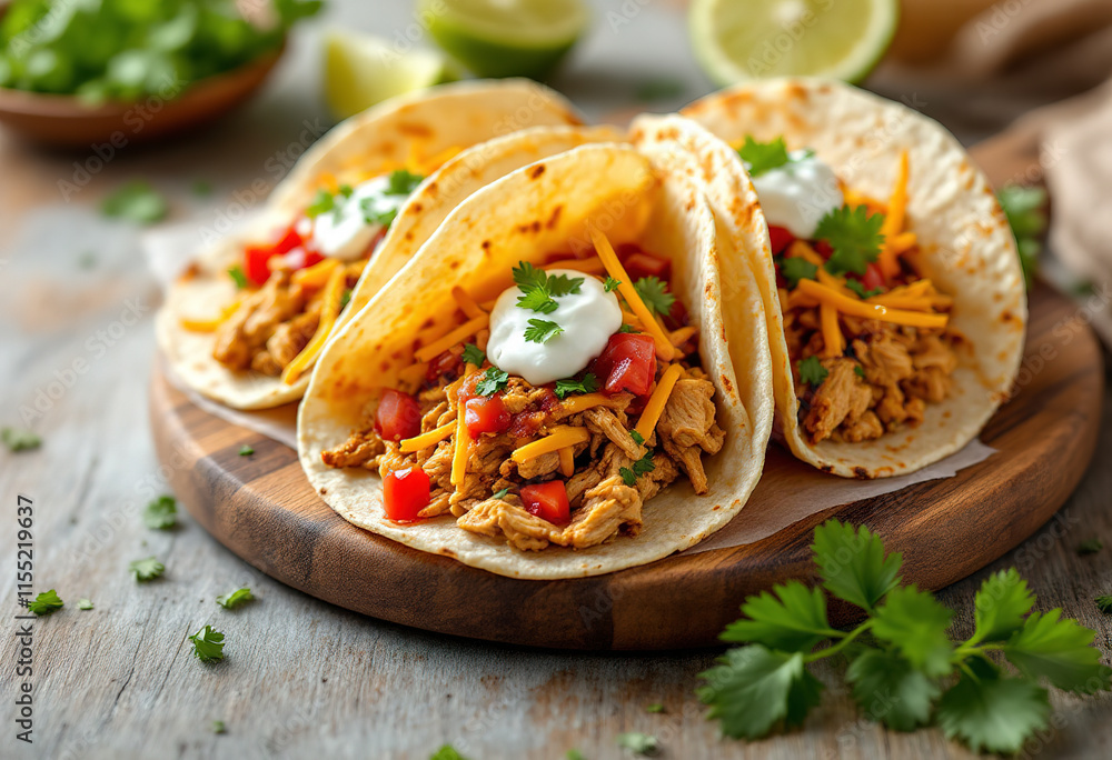 Baked tacos with pulled chicken and cheese with sour cream and salsa served on a wooden board with lime Baked tacos with pulled chicken and cheese with sour cream and salsa served on a wooden board with lime