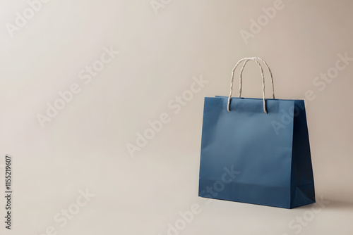 Crafted blue paper bag mockup on simple background, cardboard paper bag, shopping bag blank, blue eco bag. Recyclable bag for shopping and product delivery photo