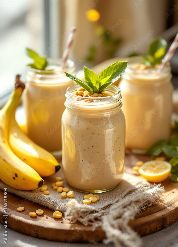 Banana smoothie in mason jars for healthy breakfast Banana smoothie in mason jars for healthy breakfast