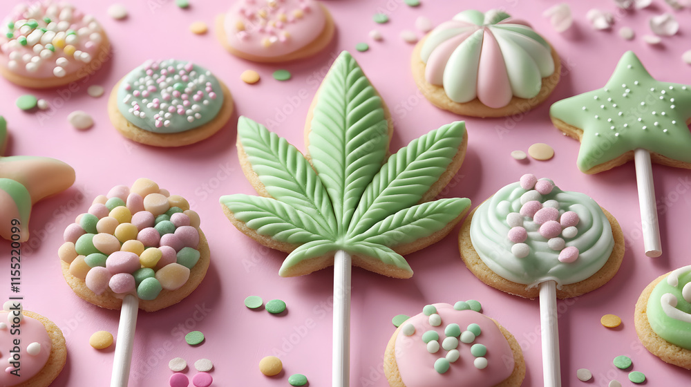A bunch of cookies with a green leaf on top of a pink background. The cookies are decorated with sprinkles and the leaf is made of chocolate A bunch of cookies with a green leaf on top of a pink background. The cookies are decorated with sprinkles and the leaf is made of chocolate