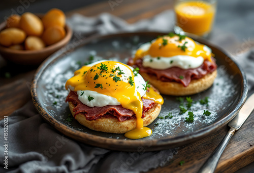 Breakfast potatoes with eggs Benedict and corned beef