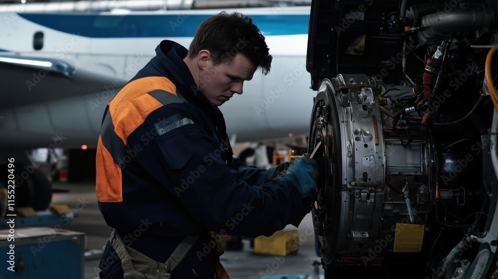 A man is working on an airplane engine. The man is wearing a yellow safety vest. The engine is in a hangar A man is working on an airplane engine. The man is wearing a yellow safety vest. The engine is in a hangar