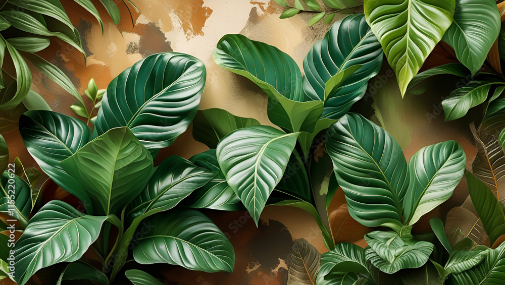 Fototapeta premium Background completely filled with green leaves of tropical plants, Generative AI 