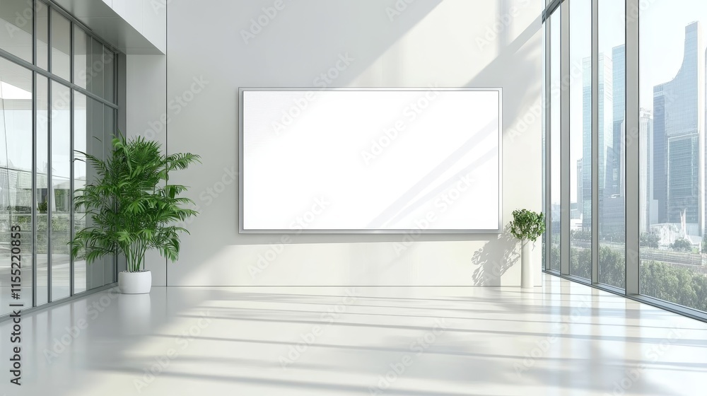 A bright, modern office space featuring a large blank screen and indoor plant. A bright, modern office space featuring a large blank screen and indoor plant.