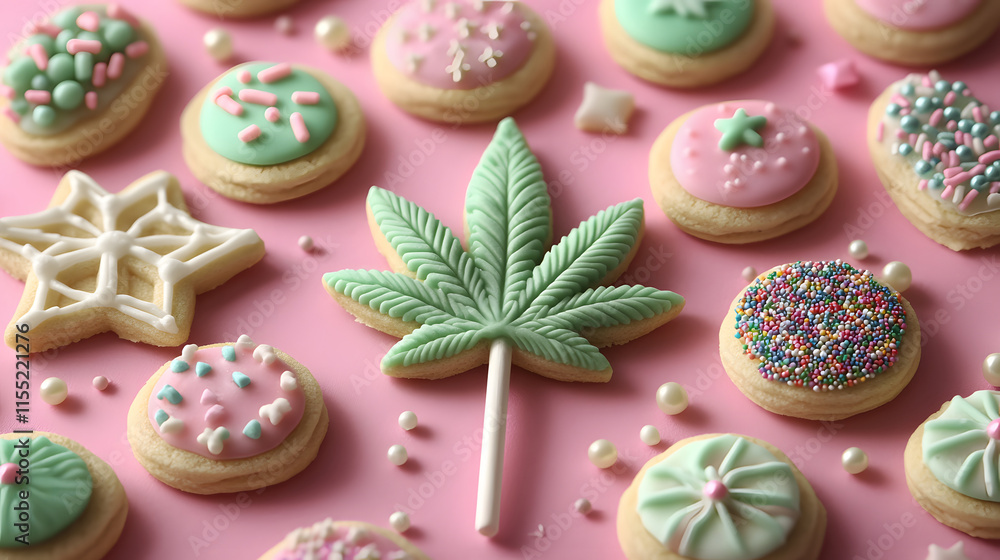 Fototapeta premium A bunch of cookies with a green leaf on top of a pink background. The cookies are decorated with sprinkles and the leaf is made of chocolate