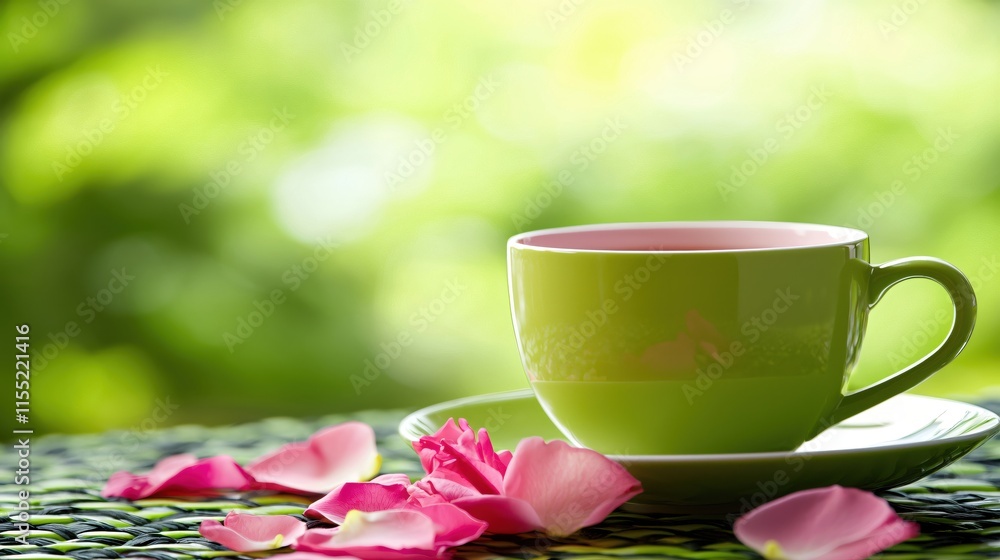 Fresh Green Cup with Rose Petals on Table Against Nature Background Fresh Green Cup with Rose Petals on Table Against Nature Background