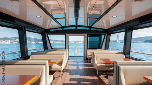 Modern ferry lounge interior with spacious seating, tables, and wide glass windows overlooking the water. Generative AI