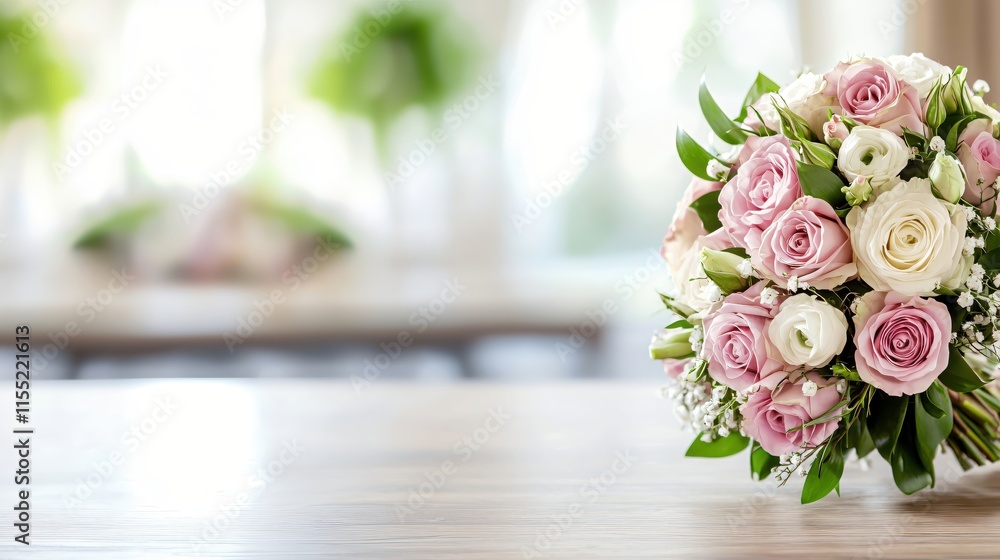 Elegant Floral Bouquet with Soft Pink and White Roses on Table