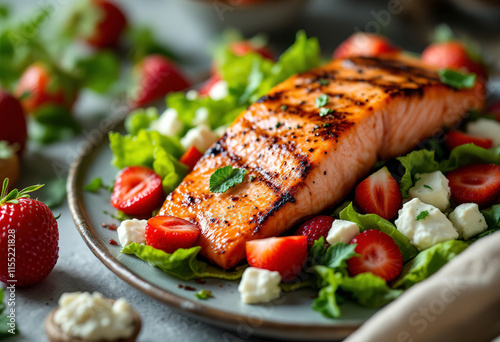 Fresh strawberries and goat cheese salad with grilled salmon