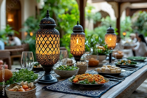 Beautifully arranged iftar buffet of traditional Arabic food on a wooden table with a lamp in honour of the holy month of Ramadan. photo