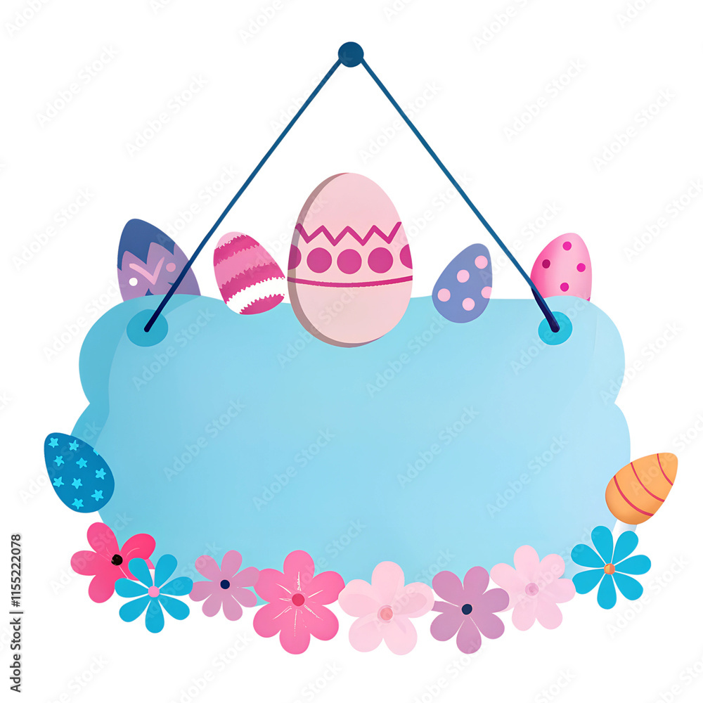 Blue hanging sign for writing messages, decorated with eggs and flowers for Easter design. Blue hanging sign for writing messages, decorated with eggs and flowers for Easter design.