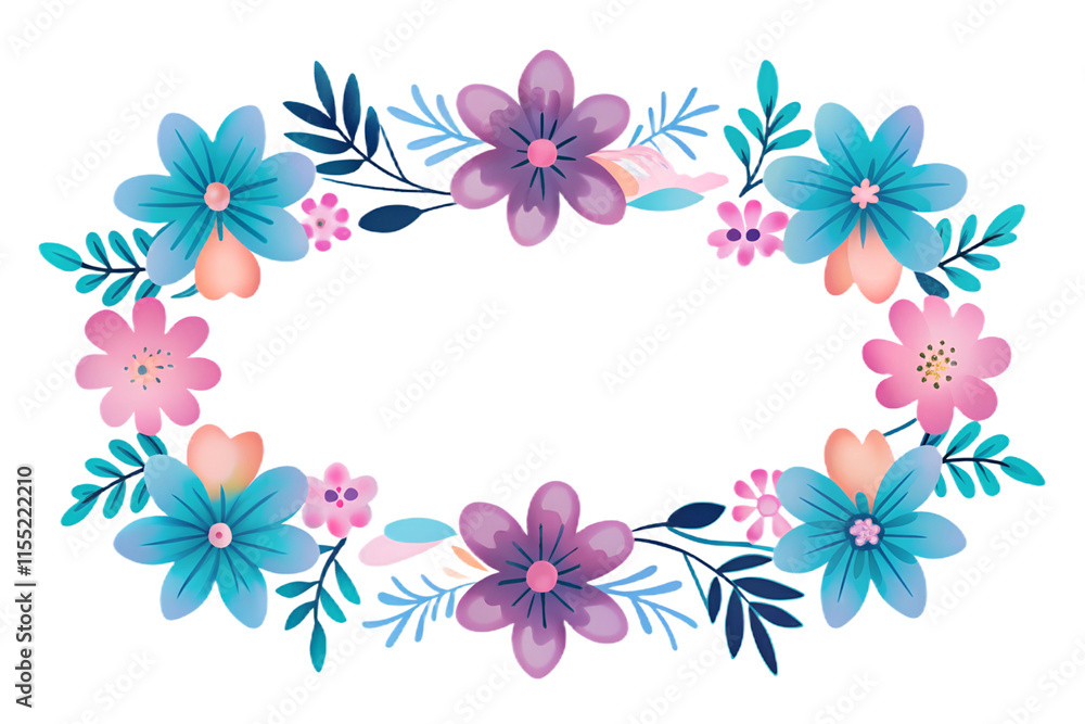 Background composed of colorful flowers in a blue theme arranged in a circle around the center space. Background composed of colorful flowers in a blue theme arranged in a circle around the center space.