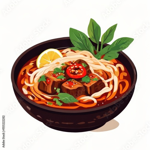 the AI Image Generator, Bowl of Spicy Noodle Soup with Toppings and Fresh Herbs photo