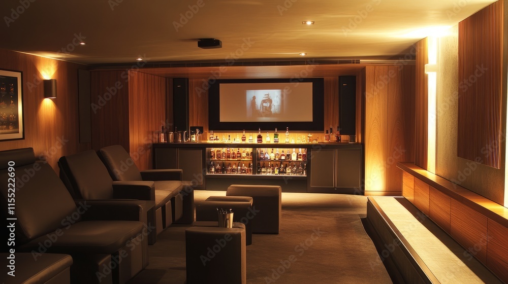 Fototapeta premium A contemporary basement featuring a home theater system, minimalist seating, and a compact, well-organized mini-bar