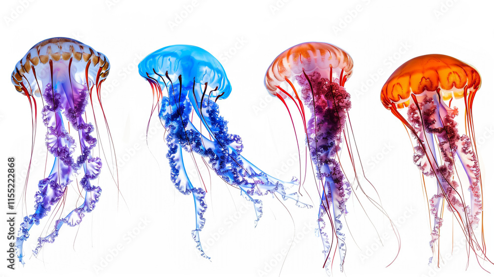 Fototapeta premium Multicolored jellyfish on a clean white background