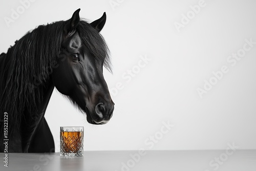 Elegant black horse gazing thoughtfully at glass of whiskey on m photo