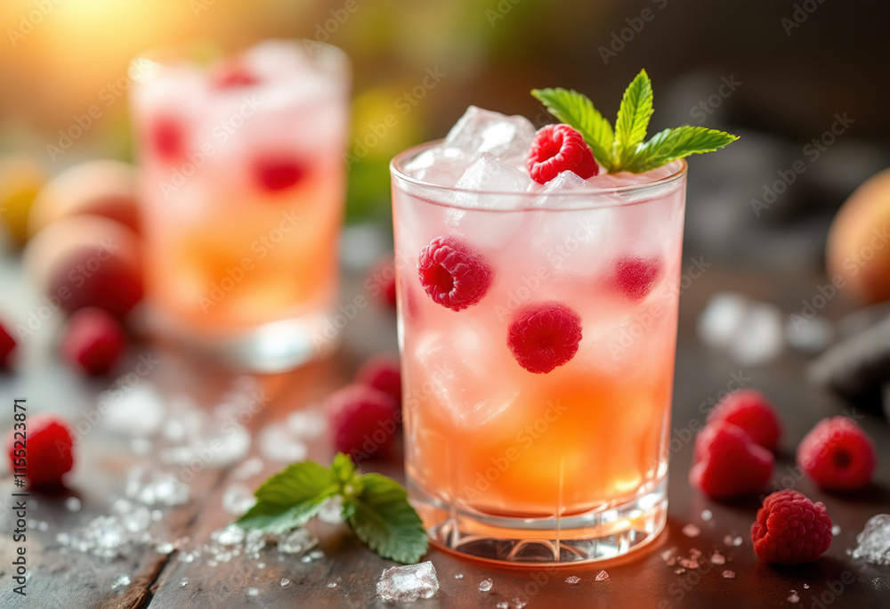 custom made wallpaper toronto digitalRefreshing summer cocktail with peach and raspberry with ice in glasses