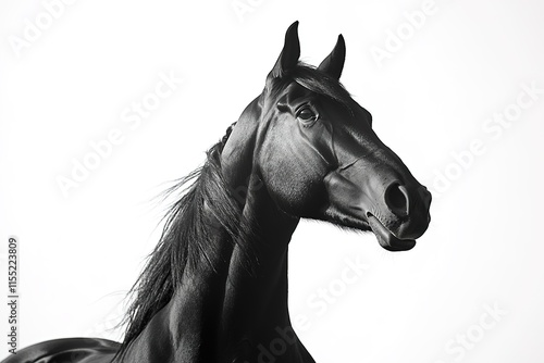 Elegant black horse stands proudly against minimalist backdrop, photo