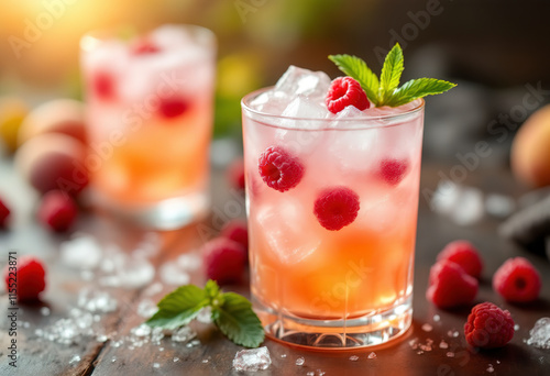 Wallpaper Mural Refreshing summer cocktail with peach and raspberry with ice in glasses Torontodigital.ca