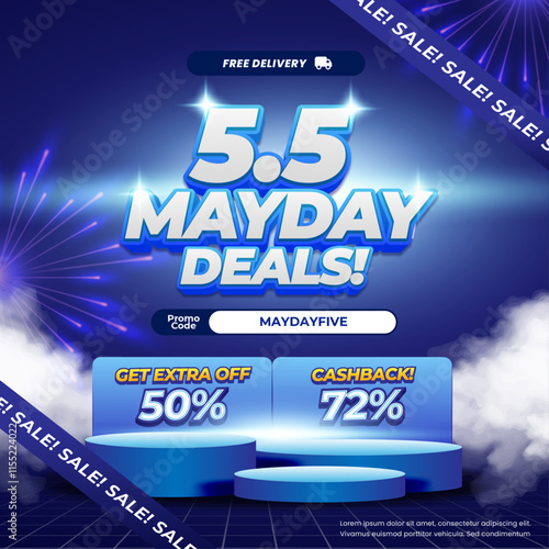 5.5 Mayday Sale discount deals Editable text with soft dark blue gradient Voucher exclusive Square banner