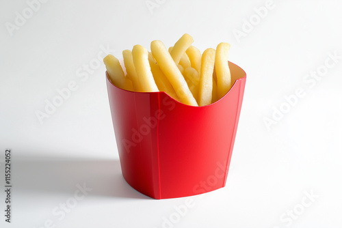 Selective focus group of french fried in red carton cup isolated on white background, Fried potatoes  on white.