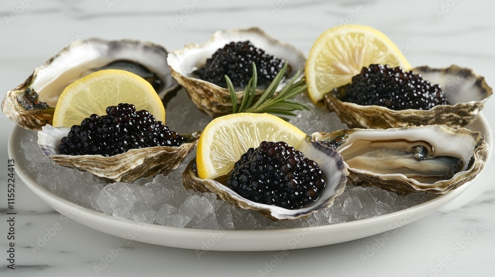 Oysters with caviar and lemon slices on ice. Oysters with caviar and lemon slices on ice.