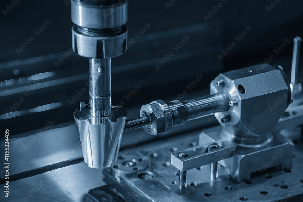 Close up scene the 4-axis EDM machine operation in the light blue scene. Close up scene the 4-axis EDM machine operation in the light blue scene.