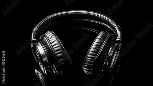 Elegant Black Leather Headphones Isolated on Black Background photo