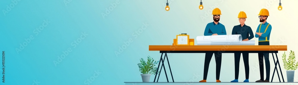 Collaboration Between Builders and Architects in a Modern Workspace with Design Plans and Construction Tools Collaboration Between Builders and Architects in a Modern Workspace with Design Plans and Construction Tools