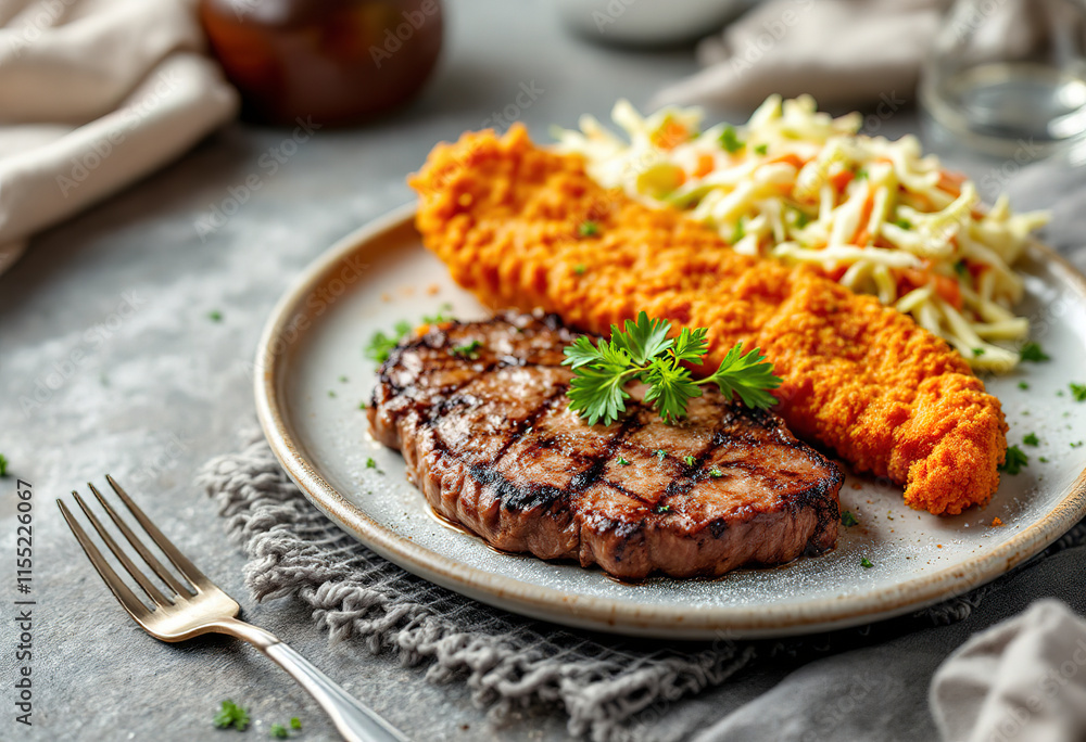 a plate with a breaded wiener schnitzel, a cooked meat steak, and a coleslaw salad