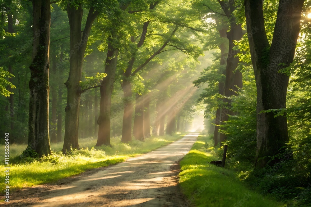 Fototapeta premium Scenic footpath through a lush forest with green trees and vibrant foliage in the summer
