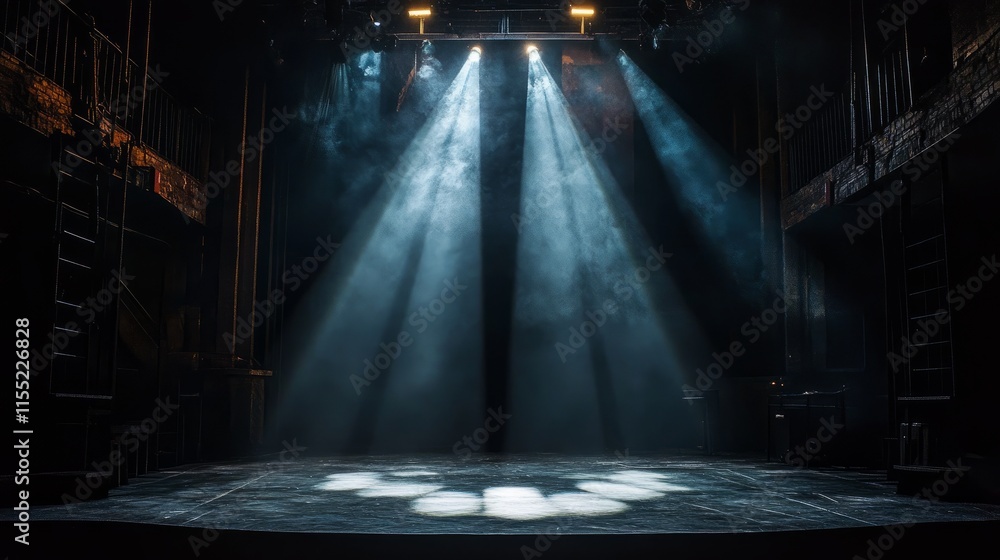 Bold lighting from a single spotlight illuminates the center of a darkened scene, with dramatic shadows adding depth to the composition Bold lighting from a single spotlight illuminates the center of a darkened scene, with dramatic shadows adding depth to the composition