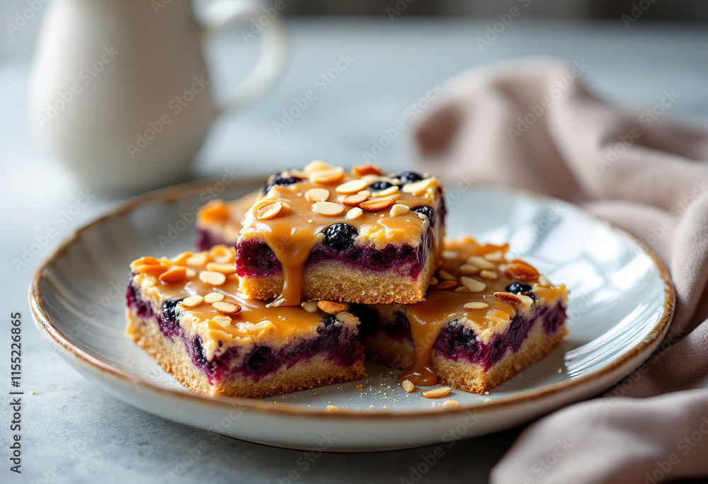 Berry cake bars with caramel almond topping on a plate Berry cake bars with caramel almond topping on a plate