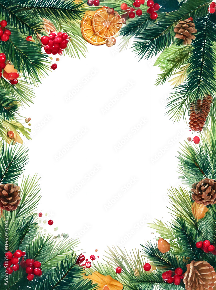 Rectangular winter frame with pine branches, red berries and cones, space for text, Christmas holiday design. Rectangular winter frame with pine branches, red berries and cones, space for text, Christmas holiday design.