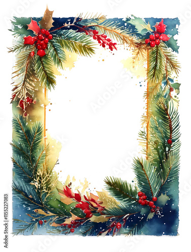 Rectangle frame with pine branches and holly with red berries. Vintage style, winter theme. Copy space, for Christmas cards and posters